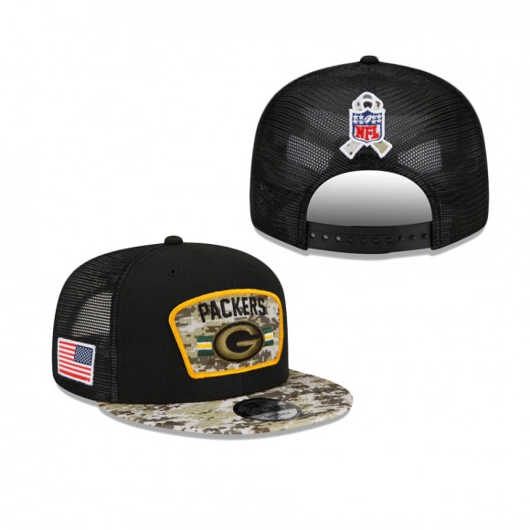 2021 Salute To Service Packers Black Camo Trucker 9FIFTY Snapback Adjustable Hat