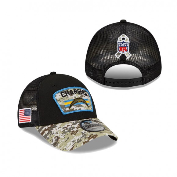 2021 Salute To Service Chargers Black Camo Trucker 9FORTY Snapback Adjustable Hat