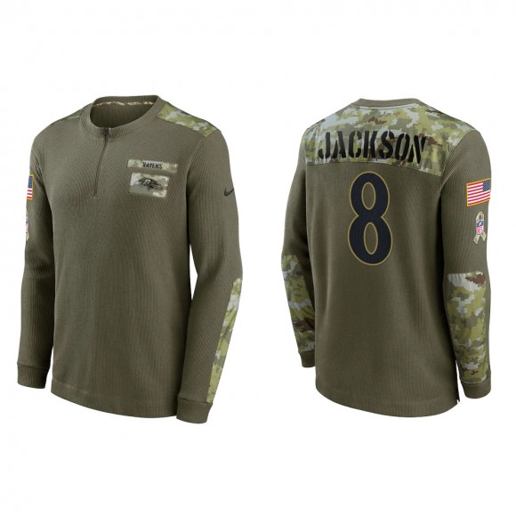 2021 Salute To Service Men's Ravens Lamar Jackson Olive Henley Long Sleeve Thermal Top