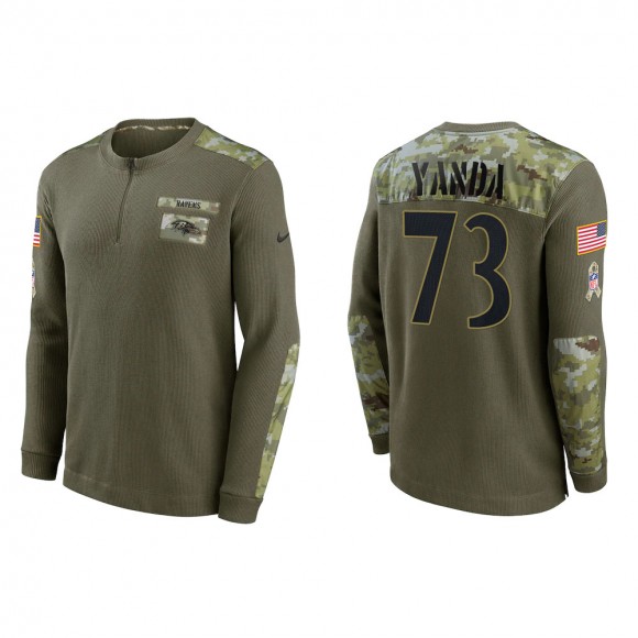 2021 Salute To Service Men's Ravens Marshal Yanda Olive Henley Long Sleeve Thermal Top