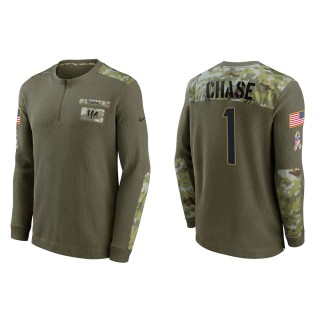 2021 Salute To Service Men's Bengals Ja'Marr Chase Olive Henley Long Sleeve Thermal Top