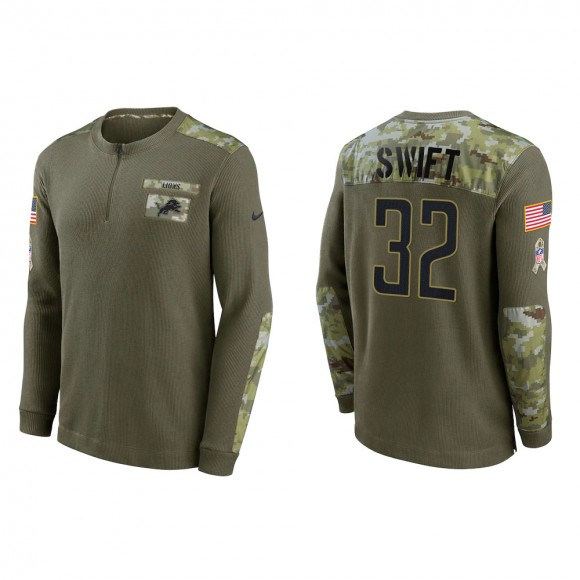 2021 Salute To Service Men's Lions D'Andre Swift Olive Henley Long Sleeve Thermal Top