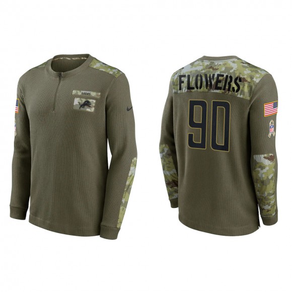 2021 Salute To Service Men's Lions Trey Flowers Olive Henley Long Sleeve Thermal Top