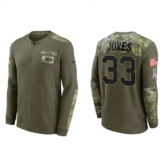 2021 Salute To Service Men's Packers Aaron Jones Olive Henley Long Sleeve Thermal Top