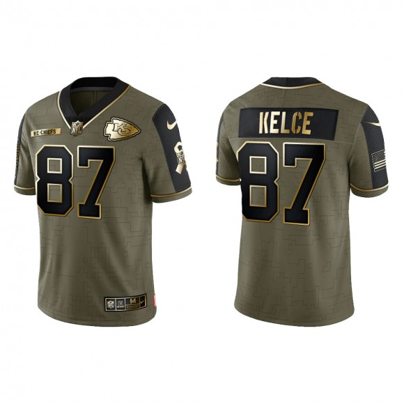 2021 Salute To Service Men's Chiefs Travis Kelce Olive Gold Limited Jersey