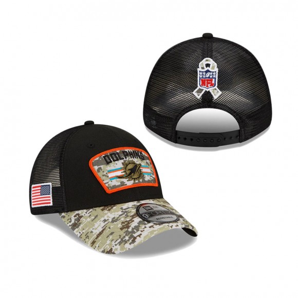 2021 Salute To Service Dolphins Black Camo Trucker 9FORTY Snapback Adjustable Hat