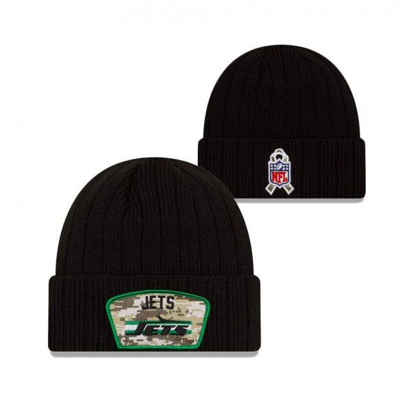 2021 Salute To Service Jets Black Historic Logo Cuffed Knit Hat