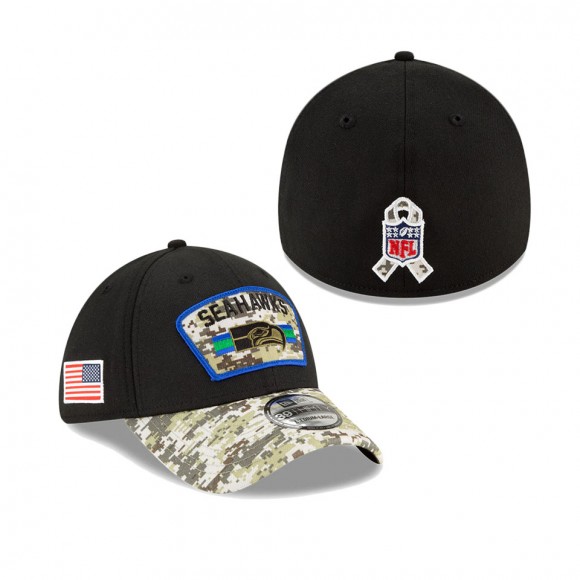 2021 Salute To Service Seahawks Black Camo Historic Logo 39THIRTY Flex Hat