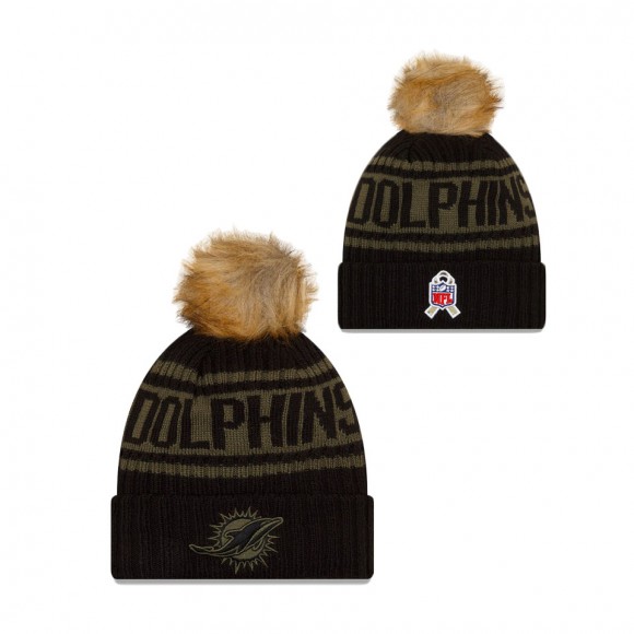 2021 Salute To Service Women's Dolphins Black Cuffed Knit Pom Hat