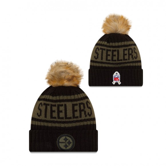 2021 Salute To Service Women's Steelers Black Cuffed Knit Pom Hat