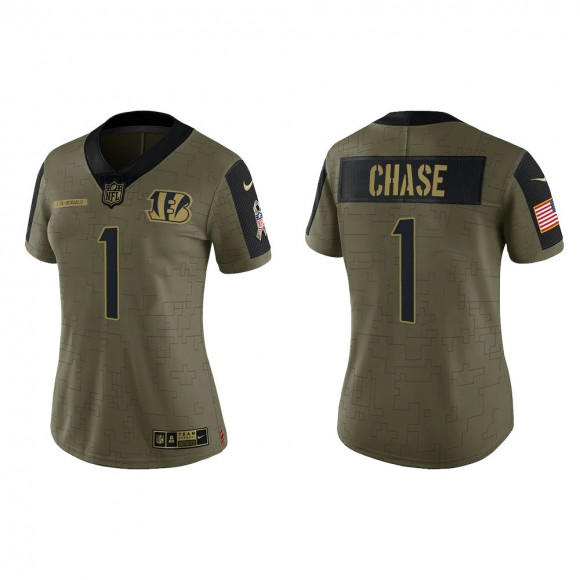 2021 Salute To Service Women Bengals Ja'Marr Chase Olive Gold Limited Jersey