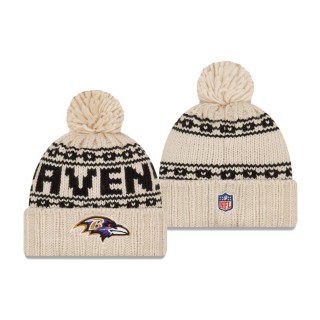Women's Baltimore Ravens Cream 2021 NFL Sideline Pom Cuffed Knit Hat