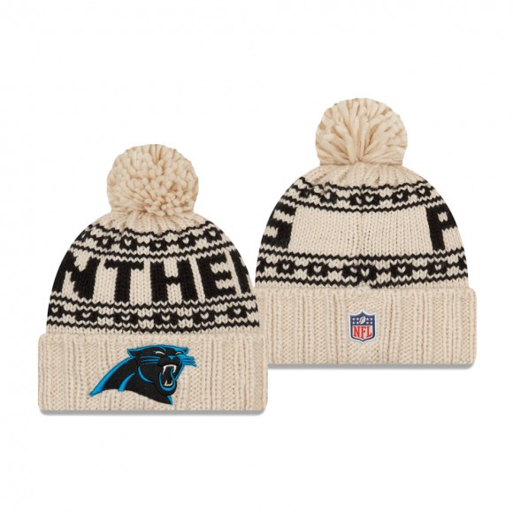 Women's Carolina Panthers Cream 2021 NFL Sideline Pom Cuffed Knit Hat