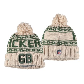 Women's Green Bay Packers Cream 2021 NFL Sideline Historic Logo Pom Cuffed Knit Hat