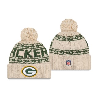 Women's Green Bay Packers Cream 2021 NFL Sideline Pom Cuffed Knit Hat