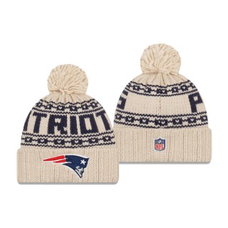 Women's New England Patriots Cream 2021 NFL Sideline Pom Cuffed Knit Hat