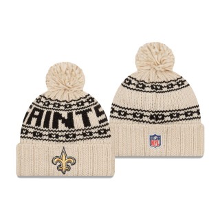 Women's New Orleans Saints Cream 2021 NFL Sideline Pom Cuffed Knit Hat
