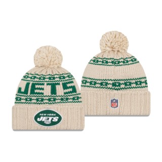 Women's New York Jets Cream 2021 NFL Sideline Pom Cuffed Knit Hat