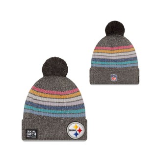 Women Steelers Charcoal 2021 NFL Crucial Catch Pom Knit Hat