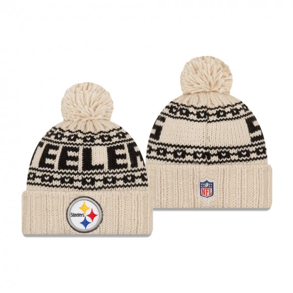 Women's Pittsburgh Steelers Cream 2021 NFL Sideline Pom Cuffed Knit Hat