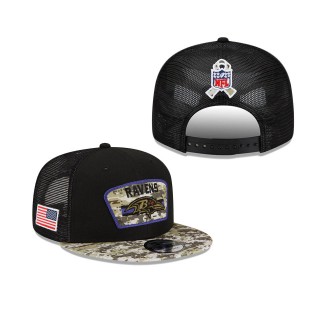 2021 Salute To Service Youth Ravens Black Camo Trucker 9FIFTY Snapback Adjustable Hat