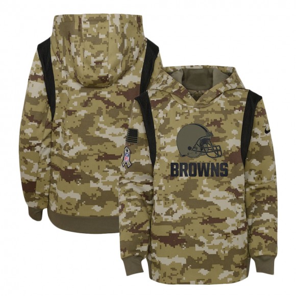 2021 Salute To Service Youth Browns Olive Therma Performance Pullover Hoodie