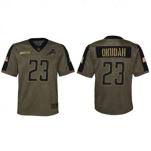 2021 Salute To Service Youth Lions Jeff Okudah Olive Game Jersey