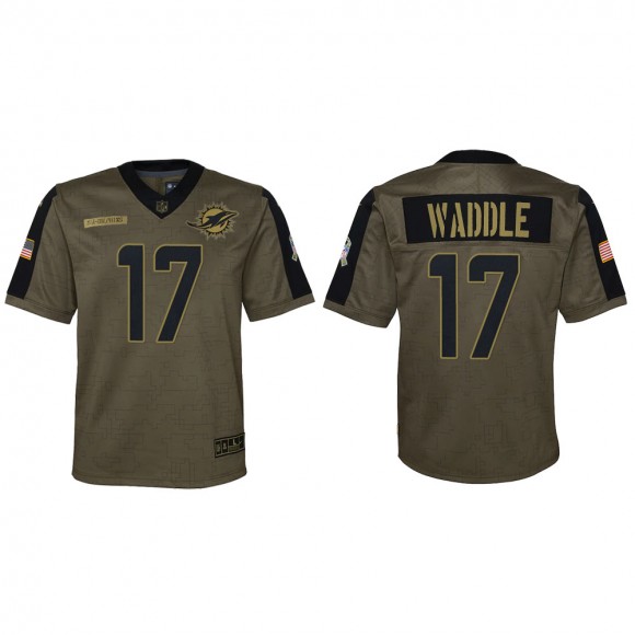2021 Salute To Service Youth Dolphins Jaylen Waddle Olive Game Jersey