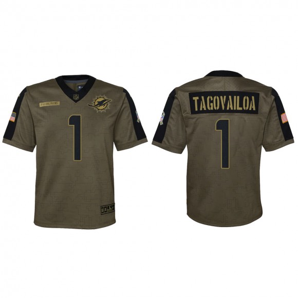 2021 Salute To Service Youth Dolphins Tua Tagovailoa Olive Game Jersey