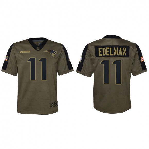 2021 Salute To Service Youth Patriots Julian Edelman Olive Game Jersey