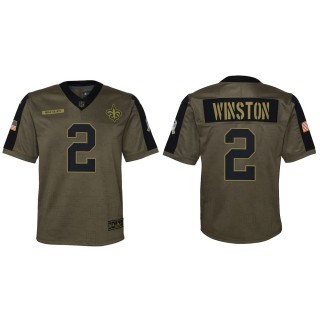 2021 Salute To Service Youth Saints Jameis Winston Olive Game Jersey