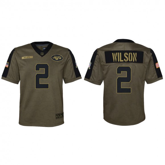 2021 Salute To Service Youth Jets Zach Wilson Olive Game Jersey