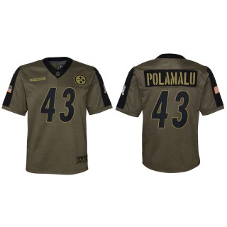 2021 Salute To Service Youth Steelers Troy Polamalu Olive Game Jersey