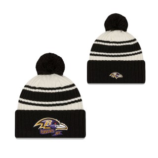 Men's Baltimore Ravens Cream Black 2022 Sideline Sport Cuffed Pom Knit Hat