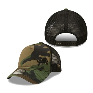 Men's Detroit Lions New Era Camo Black Flawless Utility A-Frame Trucker 9FORTY Snapback Hat