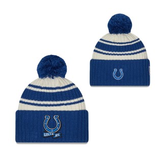 Men's Indianapolis Colts Cream Royal 2022 Sideline Sport Cuffed Pom Knit Hat