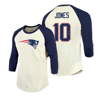 New England Patriots Mac Jones Majestic Threads Cream Navy Player Name & Number Raglan 3-4-Sleeve T-Shirt