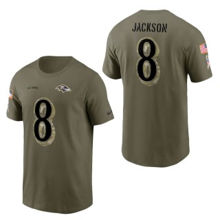 Men's Baltimore Ravens Lamar Jackson Olive 2022 Salute To Service Name & Number T-Shirt