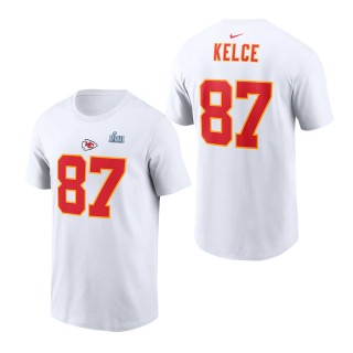 Men's Kansas City Chiefs Travis Kelce Nike White Super Bowl LVII Name & Number T-Shirt