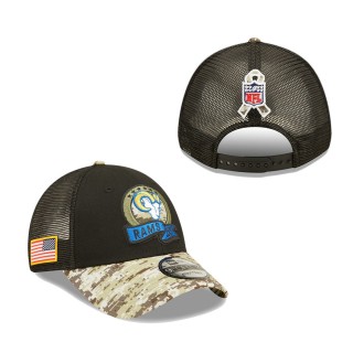 Men's Los Angeles Rams Black Camo 2022 Salute To Service 9FORTY Snapback Trucker Hat