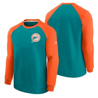 Men's Miami Dolphins Nike Aqua Orange Historic Raglan Crew Performance Sweater
