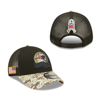Men's New England Patriots Black Camo 2022 Salute To Service 9FORTY Snapback Trucker Hat