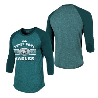 Men's Philadelphia Eagles Majestic Threads Midnight Green Super Bowl LVII Tri-Blend Make It Happen Raglan 3 4 Sleeve T-Shirt