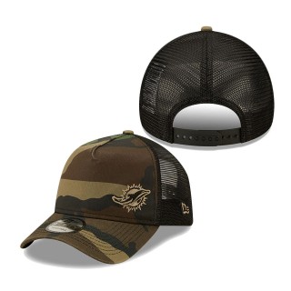 Men's Miami Dolphins New Era Camo Black Flawless Utility A-Frame Trucker 9FORTY Snapback Hat
