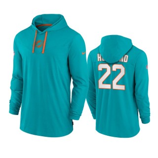 Men's Miami Dolphins Jevon Holland Aqua Hoodie Tri-Blend Sideline Performance T-Shirt