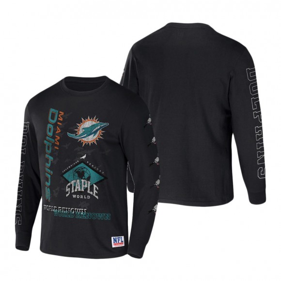Men's Miami Dolphins NFL x Staple Black World Renowned Long Sleeve T-Shirt