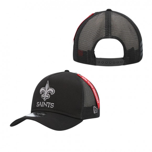 Men's New Orleans Saints x Alpha Industries Black A-Frame 9FORTY Trucker Snapback Hat