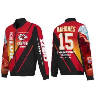 Patrick Mahomes Kansas City Chiefs Red Super Bowl LVII Champions Logo Full Zip Nylon Bomber Jacket