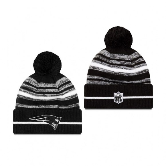 New England Patriots Black 2021 NFL Sideline Sport Pom Cuffed Knit Hat