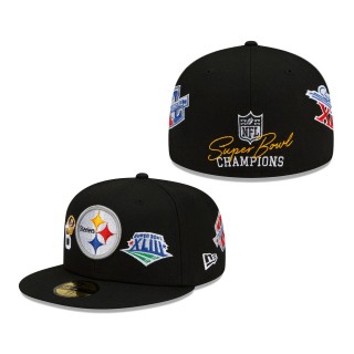 Men's Pittsburgh Steelers New Era Black 6x Super Bowl Champions Count The Rings 59FIFTY Fitted Hat